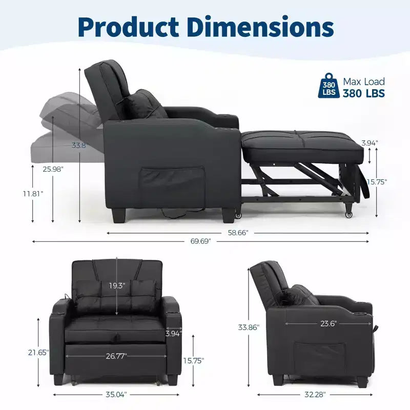 Divano Letto Convertibile 3-in-1 USB-Massaggiante, Reclinabile 110-180, Portabicchieri, Tasche Laterali, 172 kg, Pieghevole in 4 Fasi, Pronto per Dormitorio e Ospiti