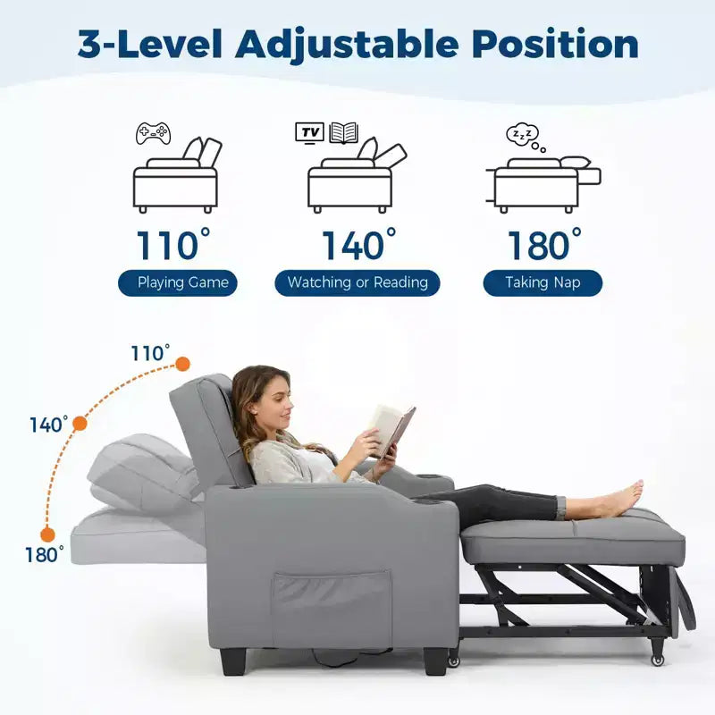 Divano Letto Convertibile 3-in-1 USB-Massaggiante, Reclinabile 110-180, Portabicchieri, Tasche Laterali, 172 kg, Pieghevole in 4 Fasi, Pronto per Dormitorio e Ospiti
