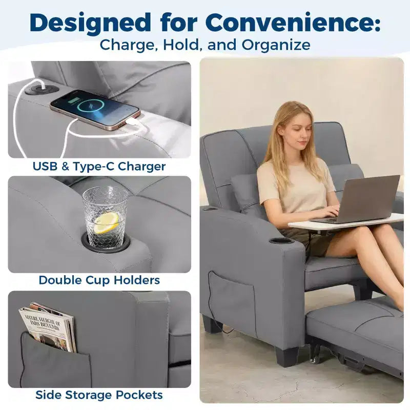 Divano Letto Convertibile 3-in-1 USB-Massaggiante, Reclinabile 110-180, Portabicchieri, Tasche Laterali, 172 kg, Pieghevole in 4 Fasi, Pronto per Dormitorio e Ospiti