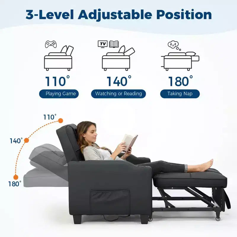 Divano Letto Convertibile 3-in-1 USB-Massaggiante, Reclinabile 110-180, Portabicchieri, Tasche Laterali, 172 kg, Pieghevole in 4 Fasi, Pronto per Dormitorio e Ospiti