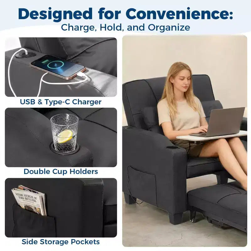 Divano Letto Convertibile 3-in-1 USB-Massaggiante, Reclinabile 110-180, Portabicchieri, Tasche Laterali, 172 kg, Pieghevole in 4 Fasi, Pronto per Dormitorio e Ospiti