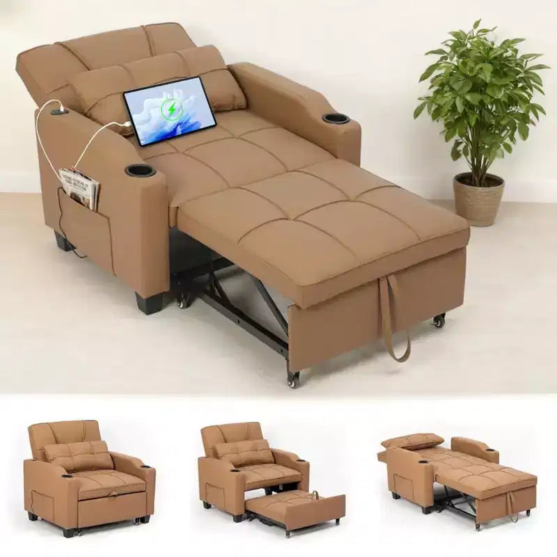Divano Letto Convertibile 3-in-1 USB-Massaggiante, Reclinabile 110-180, Portabicchieri, Tasche Laterali, 172 kg, Pieghevole in 4 Fasi, Pronto per Dormitorio e Ospiti